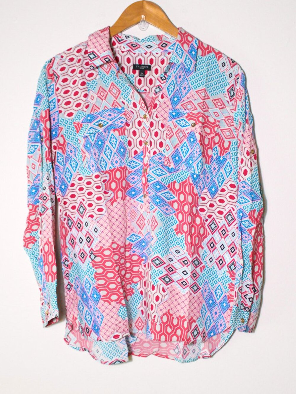 Talbots Petites Patchwork Print Popover Blouse Roll Tab Sleeve PM